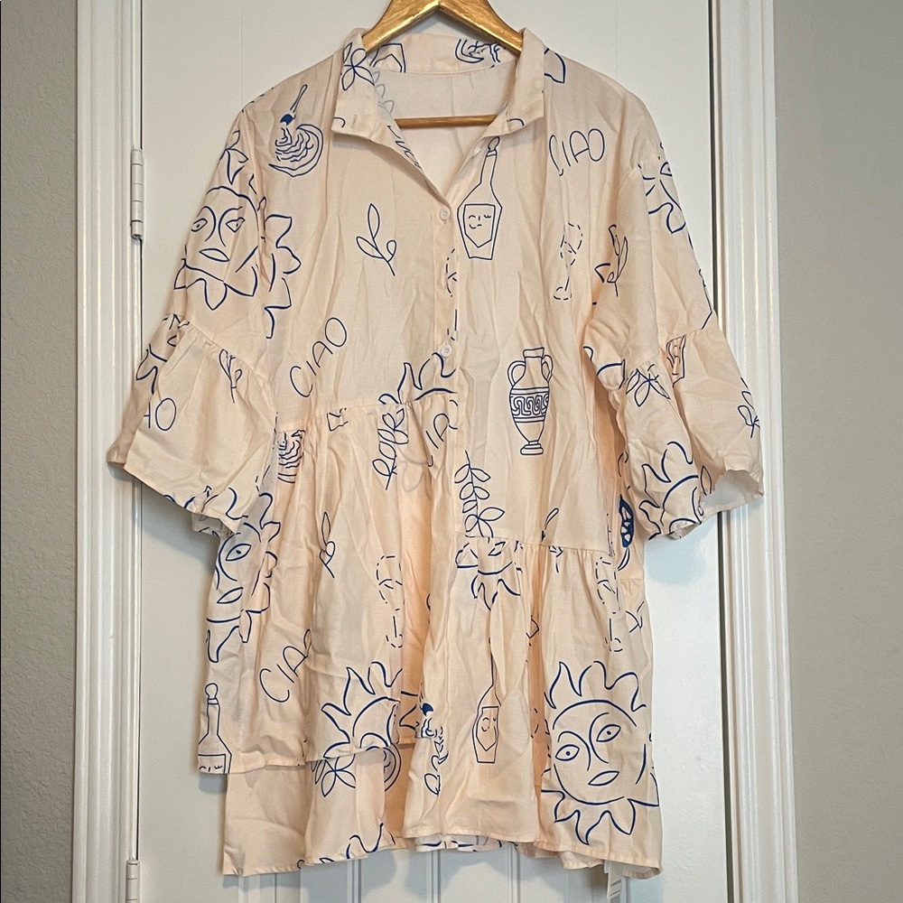 Off White and Blue  Tunic Top with  Sketch Print